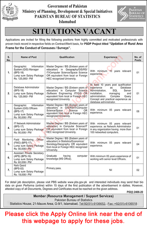 Pakistan Bureau of Statistics Jobs November 2020 Apply Online GIS
